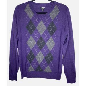 Apt.9 Purple Merino Blend Sweater Argyle Pattern Long Sleeves V-Neck Size XXL
